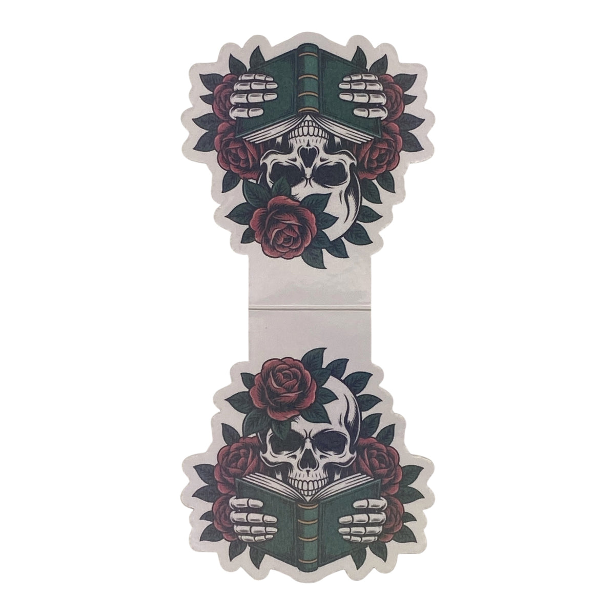 A pair of matching book-themed decorative pieces or stickers featuring a white skull holding an open green book, surrounded by red roses and skeletal hands, shown on a plain white background.