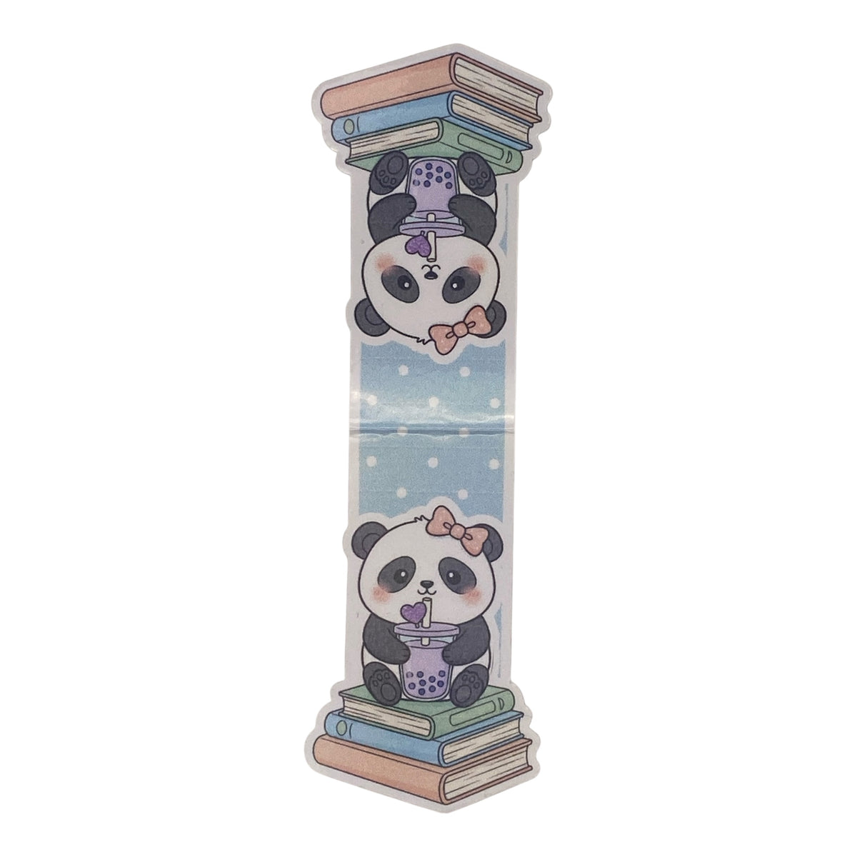 A magnetic bookmark featuring a cute cartoon panda sitting on stacked books with  a purple bubble tea cup, mirrored with a second panda upside down at the top, shown on a plain white background.