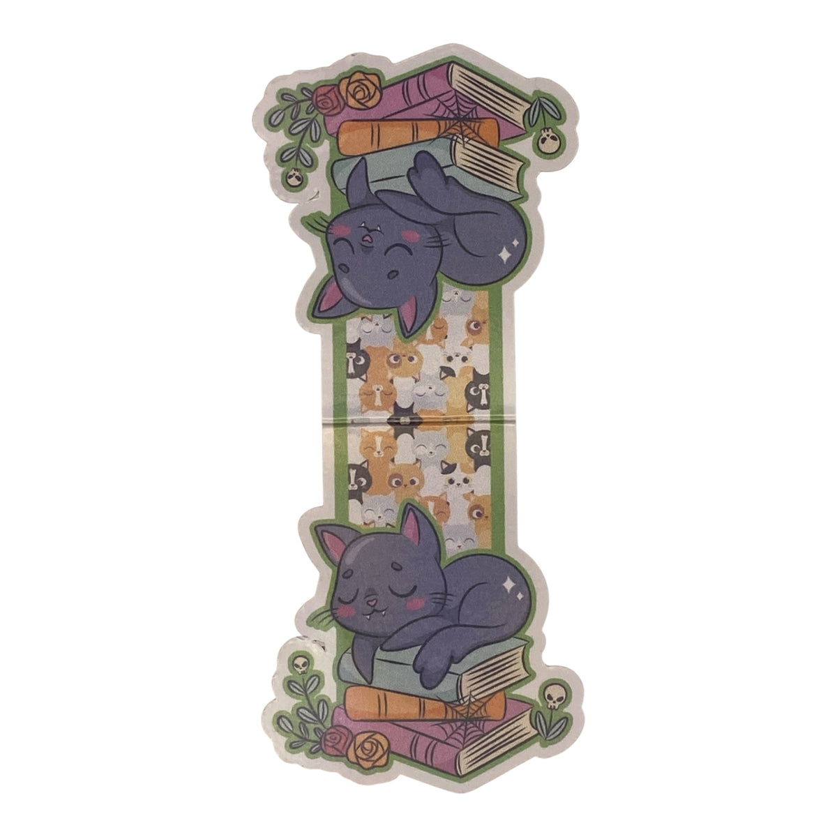 A cute magnetic bookmark of a vampire cat resting on a stack of books.  flowers and leaves around the books and some spooky webs. set against a white square background.