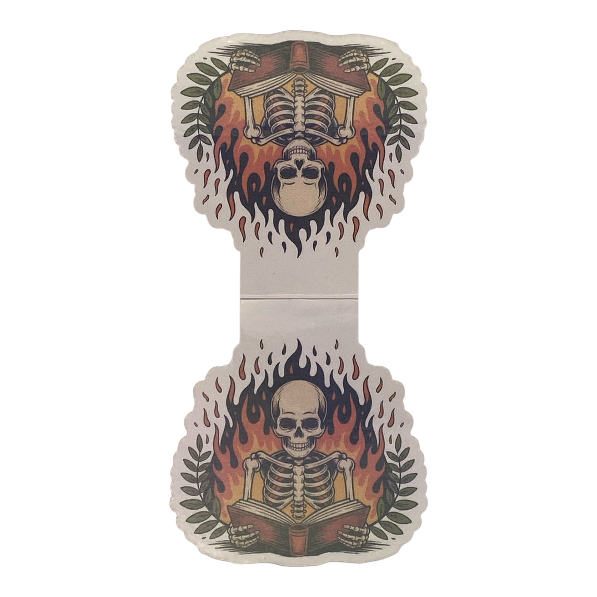 A magnetic bookmark featuring two symmetrical vintage-style illustrations of skulls over open books surrounded by flames and laurel leaves, shown on a plain white background.