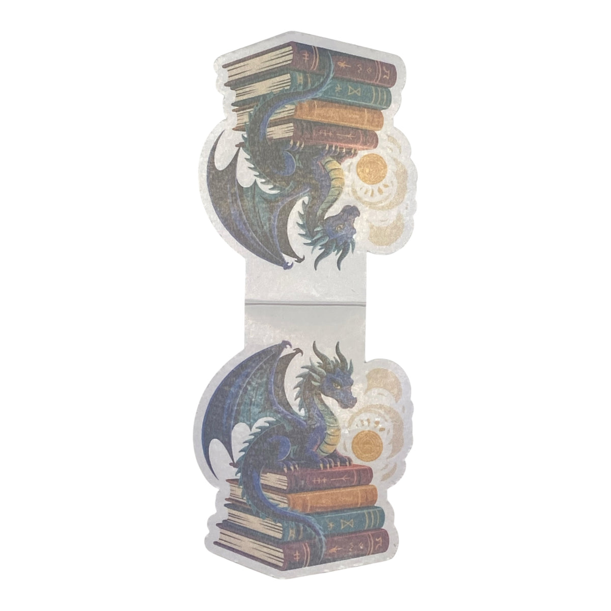 A magnetic bookmark featuring an illustration of a blue dragon wrapped around a stack of old books, with gold coin details, shown on a plain white background.