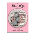 A circular novelty pin badge featuring a cartoon donkey with the text 'Giddy Up Sparkle Farts There's Chaos Spread.' on a pink backing card labeled 'Art Badge' and 'Studio Vibe Designs'.