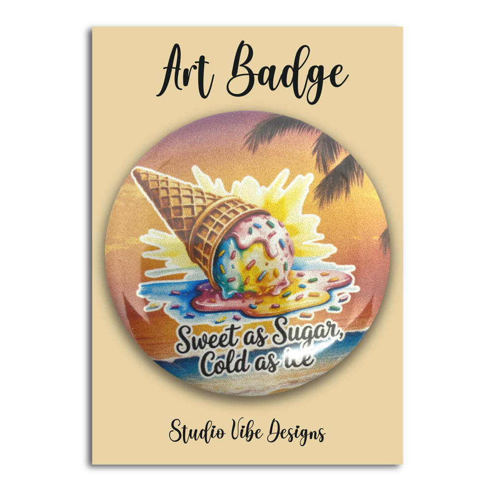 A rectangular art badge print or card on a light beige background, featuring a circular illustration of a melting ice cream cone with tropical sunset colors and the text 'Art Badge' at the top and 'Studio Vibe Designs' at the bottom.