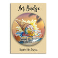 A rectangular art badge print or card on a light beige background, featuring a circular illustration of a melting ice cream cone with tropical sunset colors and the text 'Art Badge' at the top and 'Studio Vibe Designs' at the bottom.
