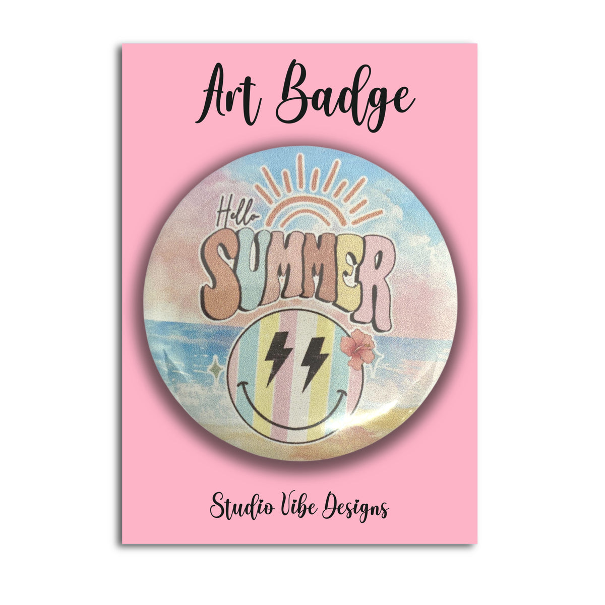 A round art badge featuring retro summer-themed artwork with the words 'Hello SUMMER' and a smiley face, displayed on a pink backing card labeled 'Art Badge' and 'Studio Vibe Designs'.